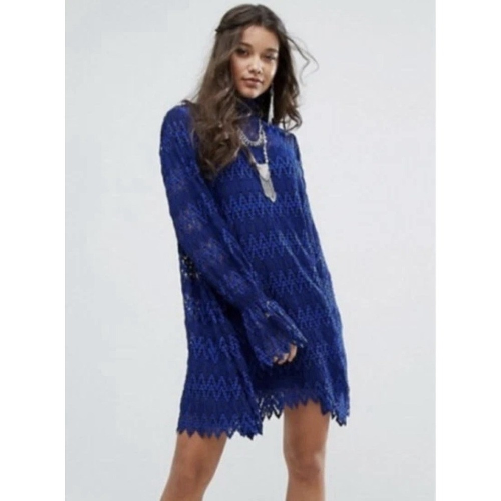 Free People Simone Mock Neck Lace Mini Dress Blue Size‎ Small